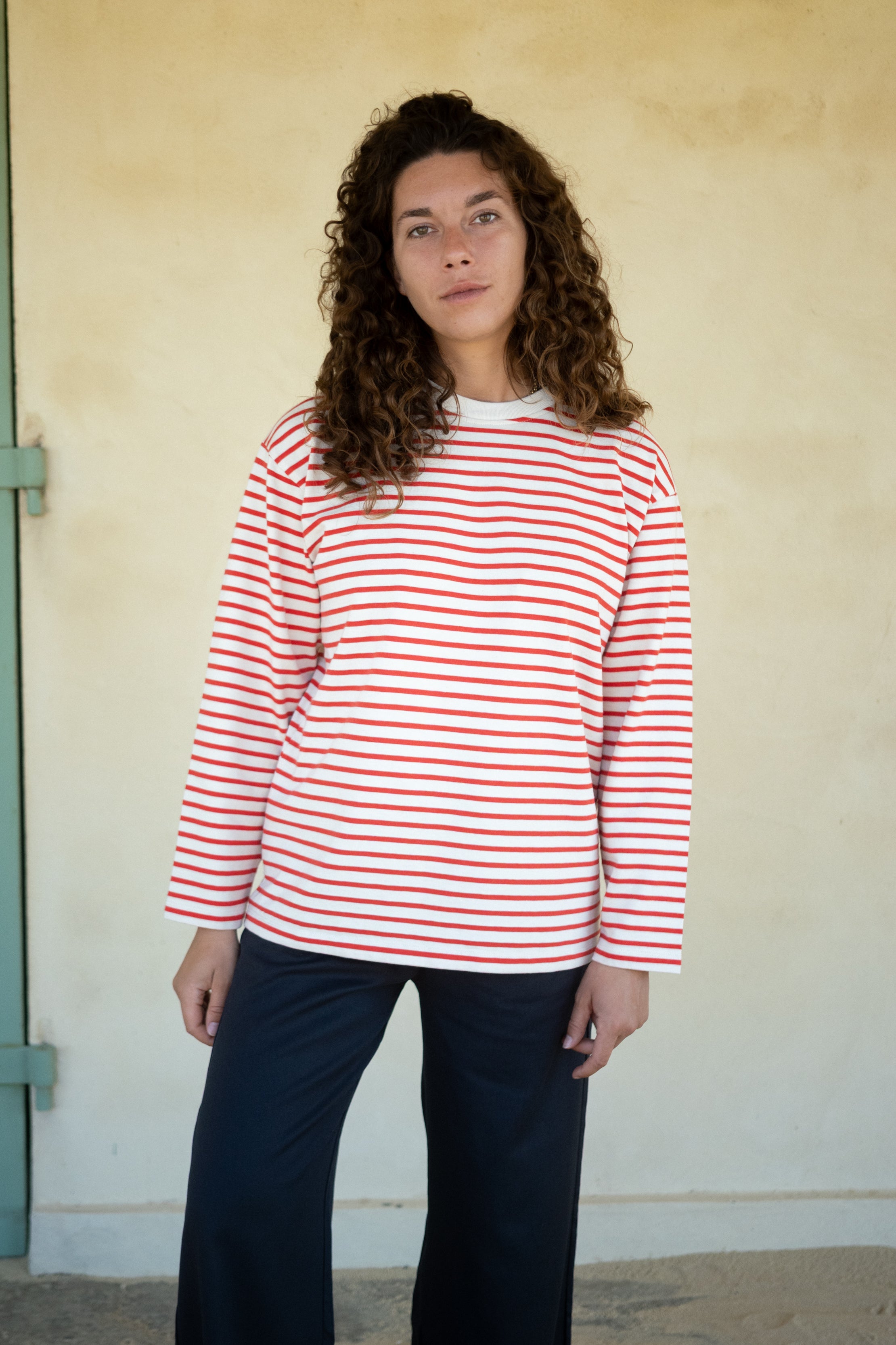 Damen Longsleeve rot gestreift aus dicker Baumwolle