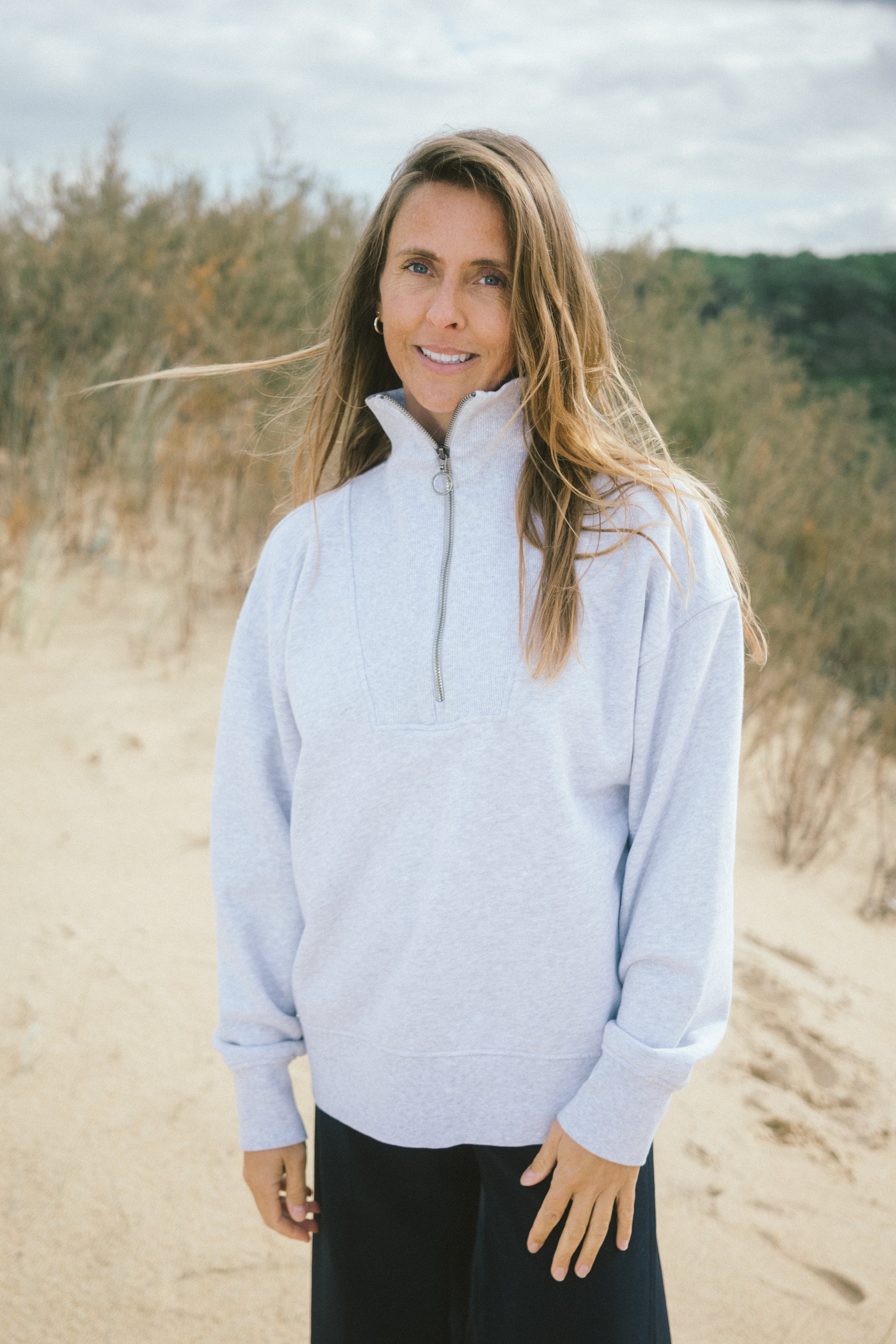 Oversized Damen Half Zip Sweater aus Bio Baumwolle in Hellgrau