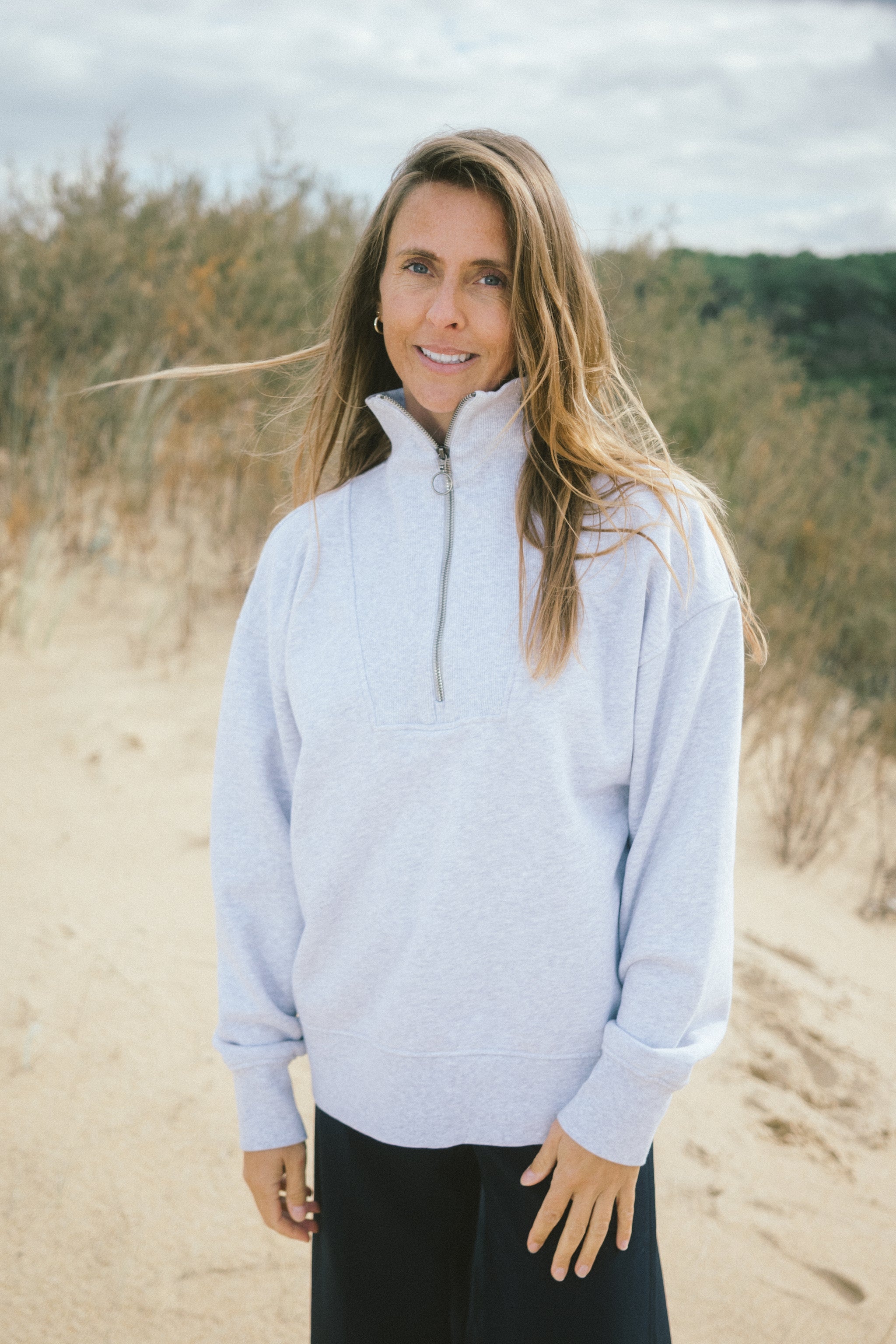 Oversized Damen Half Zip Sweater aus Bio Baumwolle in Hellgrau