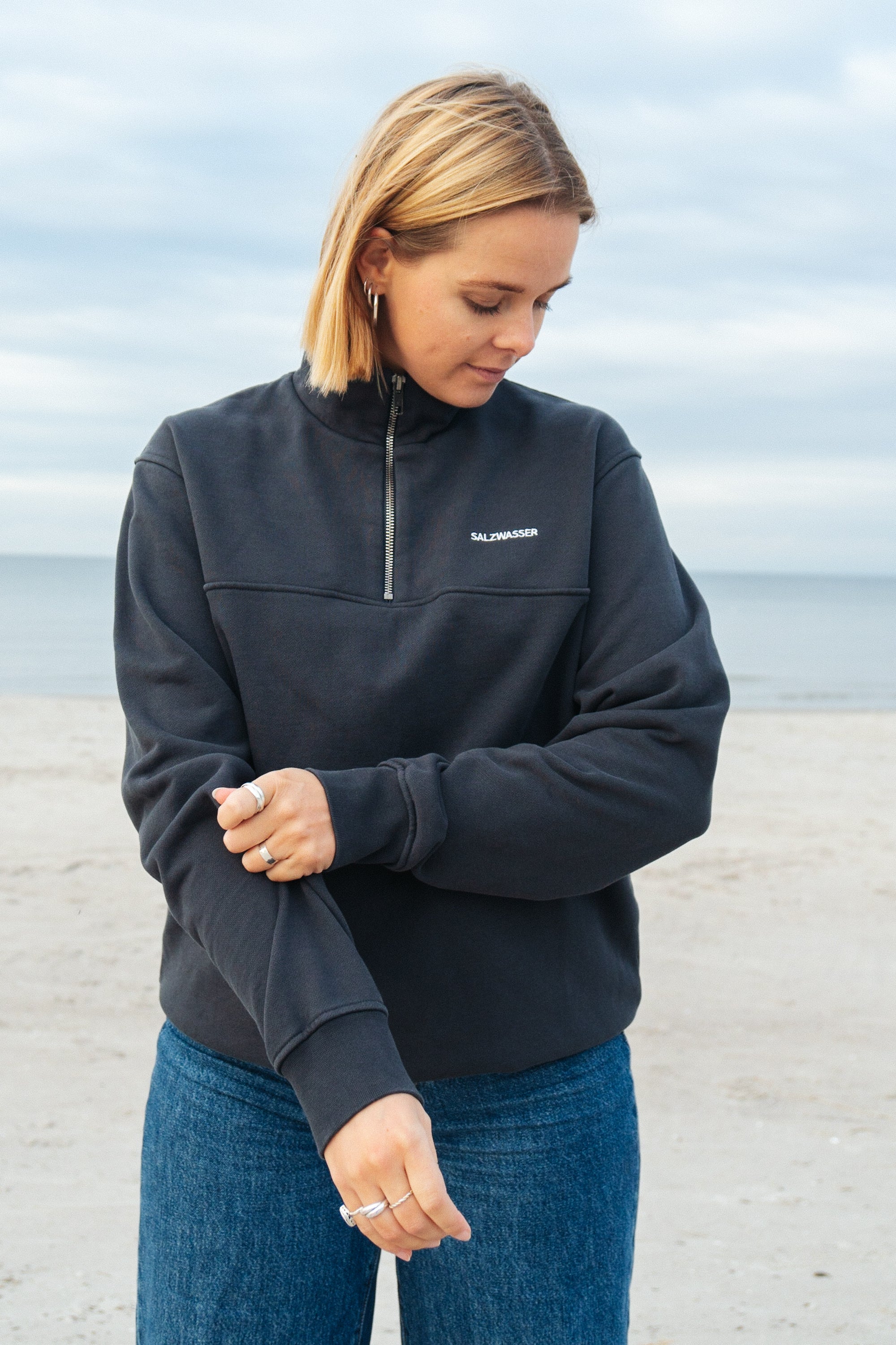 Dunkelblauer Unisex Half-Zip Sweater für Damen _women